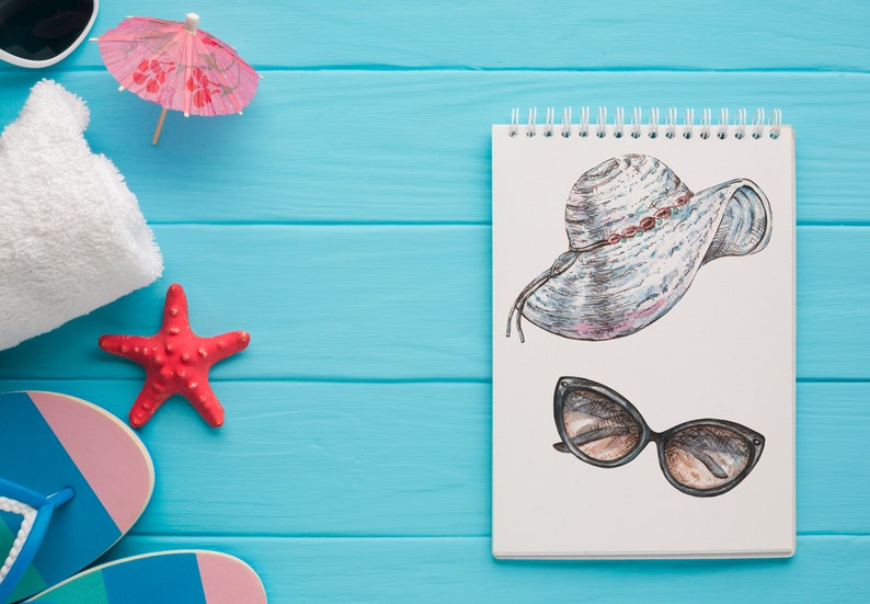 Roses Holiday Sea For Girls Hat Vacation Liner Shells Watercolor Summer Slipers Beautiful Glasses Watercolor Clipart Basket