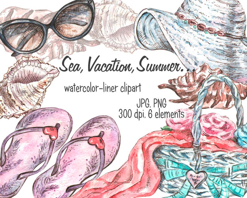 Roses Holiday Sea For Girls Hat Vacation Liner Shells Watercolor Summer Slipers Beautiful Glasses Watercolor Clipart Basket