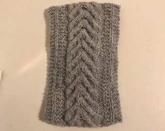 Women's Hand Knit Wool Winter Headband/Ear Warmer. Grey-Purple, Horseshoe Cabled Pattern--Free Shipping