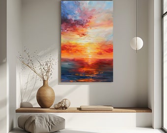 A minimalist canvas capturing a sunset with abstract brushes , wall decor