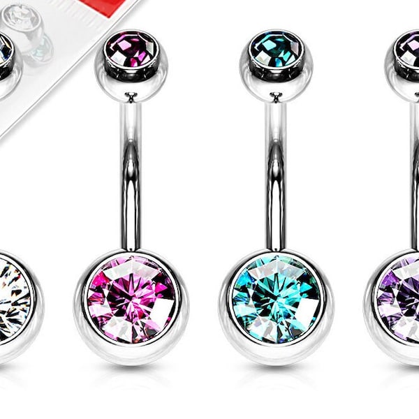 Double Gem Ball Belly Ring, 14 Gauge Curved Barbell, Navel Ring, Nickel-free, Gifts for Her, Gifts