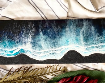 Beach art black/blue water with white crashing waves / resin painting / Handmade / USA