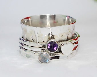 Gift for Mother, Amethyst Moonstone Heart Sterling Silver Spinner Ring, Meditation Band