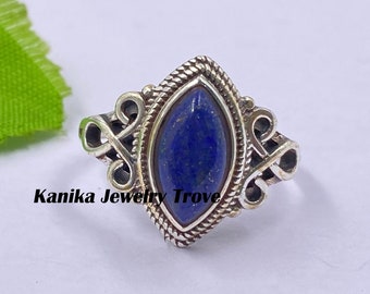 Gift for Mother, Handmade Marquise Lapis Lazuli Ring, Sterling Silver Gemstone Ring