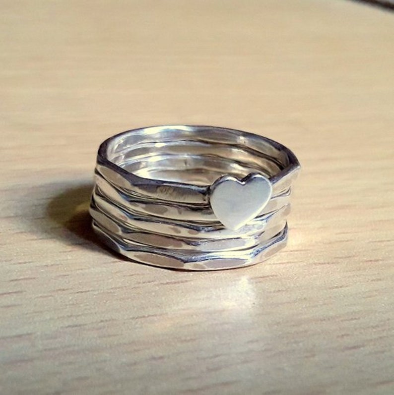 Stacking Rings Mother/'s Day Gift Ring Gift For Her Heart Ring Family Ring Silver Sterling Ring Women Ring Heart Shape Five Band Rings
