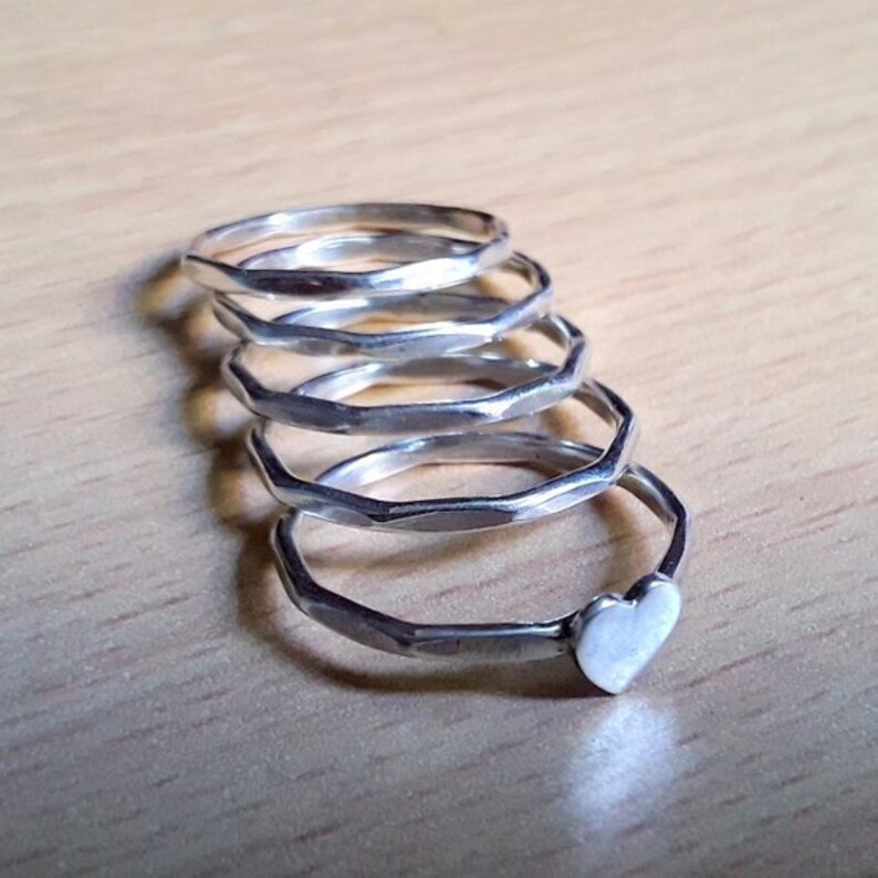 Stacking Rings Mother/'s Day Gift Ring Gift For Her Heart Ring Family Ring Silver Sterling Ring Women Ring Heart Shape Five Band Rings