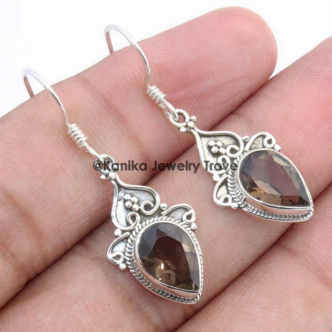 Smoky Quartz Earrings, Sterling Silver Vintage Earrings, Women Gift for