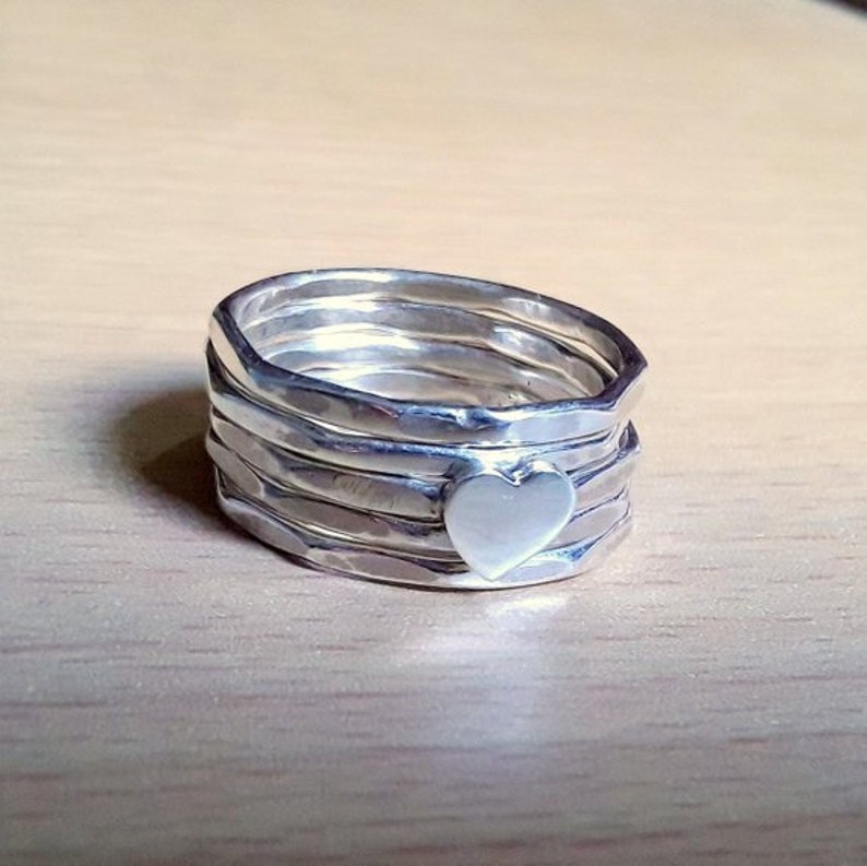 Stacking Rings Mother/'s Day Gift Ring Gift For Her Heart Ring Family Ring Silver Sterling Ring Women Ring Heart Shape Five Band Rings