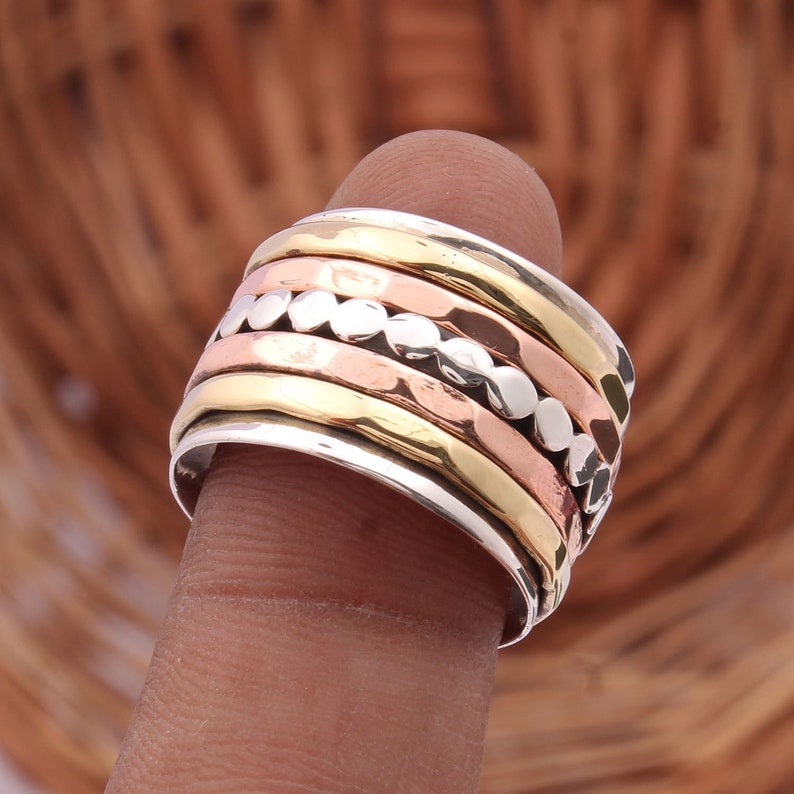 Hot Spinner Ring Fidget Ring 925 Sterling Silver Ring for Mens and Women Thumb Ring Wide Band Meditation Ring Spinning Five Band Ring