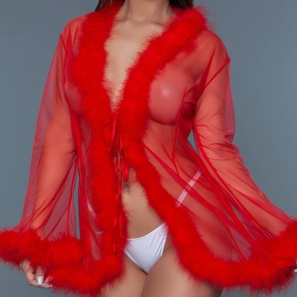 Plus Size Short Boa Robe, Fluffy Feather Lingerie Robe, Chandelle Boa Feather Trim, Red Black White, Available Wholesale. Plus Size Robe.