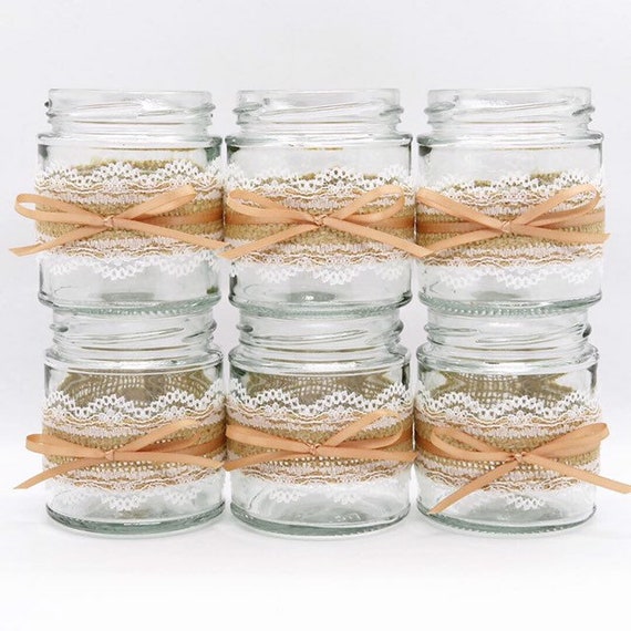 Set Of 6 Small Wedding Jars Hessian And Lace Satin Ribbon Etsy