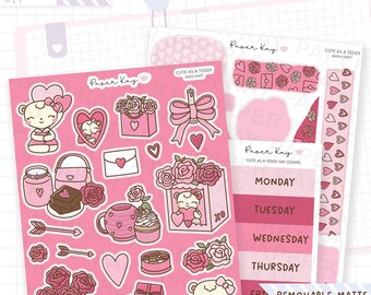 Cute as a Teddy Journaling Sticker Kit - Repositionable Sticker Paper - 3 Sheet Weekly Planner Stickers - by Paper Kay