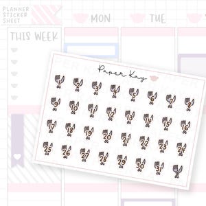 May include: A sticker sheet labeled Paper Kay featuring thirty-one individual die-cut stickers. Each sticker displays a brown number from one to thirty-one integrated into a hand-drawn illustration of a fork and knife icon with a white border.