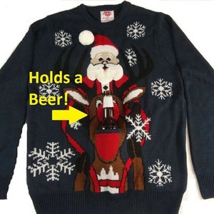 Ugly Christmas Sweater Holds a Beer Riding Reindeer