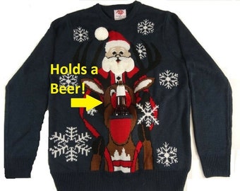 Ugly Christmas Sweater Holds a Beer Riding Reindeer