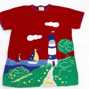 Lighthouse/Sailboats   Medium  Vintage Ugly  Sweater  Red #610