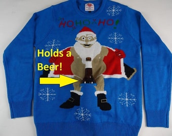 Ugly Christmas Sweater Holds a Beer Santa Flashing