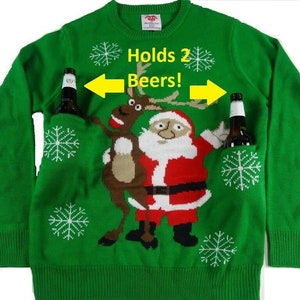 Ugly Christmas Sweater Holds two Beers! Santa Cheers with Reindeer