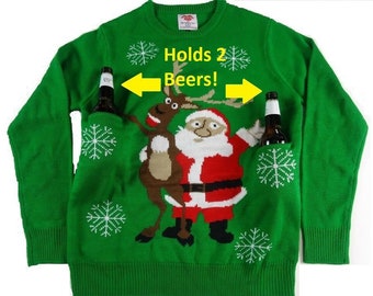 Ugly Christmas Sweater Holds two Beers! Santa Cheers with Reindeer