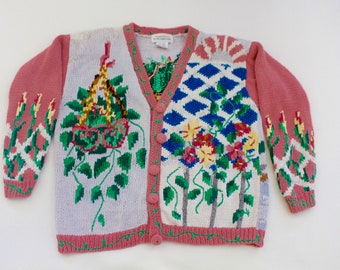 Garden Party!   Medium  Vintage Ugly  Sweater  Pink #1337