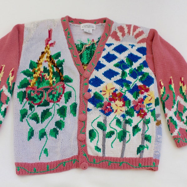 Garden Party!   Medium  Vintage Ugly  Sweater  Pink #1337