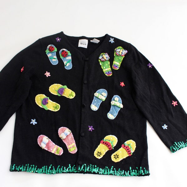 Fancy Flip Flops    Medium   Vintage Ugly Christmas Sweater Black  #702