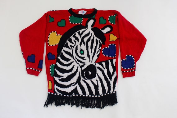 Zebra!  Large   Kids  Vintage Ugly Sweater  Red  … - image 1