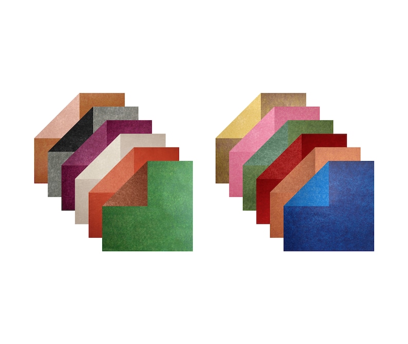 May include: Two rows of folded squares of paper in various colors, including pink, red, green, blue, brown, and gold. The squares are arranged in a staggered pattern.