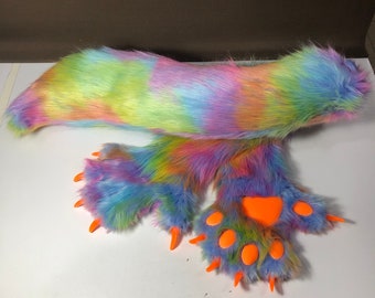 Partial Rainbow Ready to Ship Glow Superb Fur Quality Fursuit Handpaws + Tail with Glowing Paw Pads and Claws! Furry Mini Partial