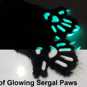 May include: A pair of black furry paws with white paw pads and long claws. The paws are glowing green in the dark.