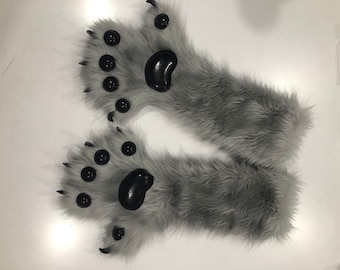 Gray  Fursuit Paws + silicone Monster PawPads and Claws with custom colors ! Like Canine Feline Wolf Fox Cat size M/L
