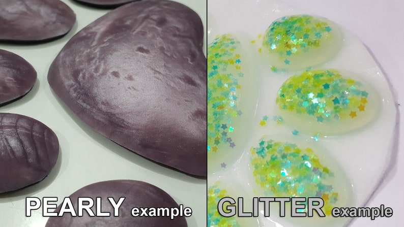 May include: Two sets of oval-shaped resin cabochons, one set with a pearlescent finish and the other with green glitter embedded in the resin. The text "PEARLY example" is below the pearlescent cabochons and "GLITTER example" is below the glitter cabochons.