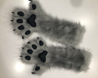 Gray Fursuit Paws + silicone THICK K9 PawPads and Claws with custom colors! Feral Like Canine Feline Wolf Fox Cat size M/L