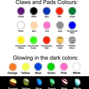 K&ouml;nnte beinhalten: Diagramm der Farben f&uuml;r Krallen und Pfoten eines Pl&uuml;schtiers. Die Farben umfassen Lila, Schwarz, Blau, Rot, Gr&uuml;n, Wei&szlig;, Haut, Rosa, Grau, fluoreszierendes Blau, fluoreszierendes Gelb, fluoreszierendes Gr&uuml;n, fluoreszierendes Rot, Perlmuttgold, Perlmuttsilber, Orange, Gelb, Blau, Gr&uuml;n, Rosa und Wei&szlig;.