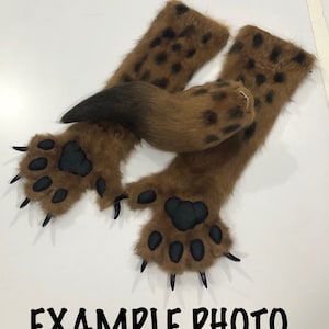 Custom Hyena Airbrushed Fursuit Handpaws + Tail with Silicone Pads and Resin Claws! Furry Canine Costume