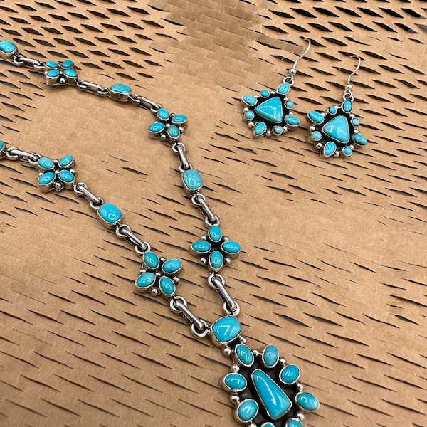 WONDERFUL Sterling Silver Cluster Turquoise Necklace and matching Earrings handcrafted by renowned Navajo Artist EMMA LINCOLN