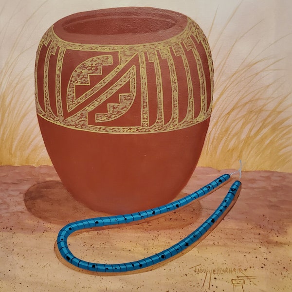 Original beautifully painted Aztec design, depicting a Strand of Turquoise,  Painting SIGNED by Navajo Artist Jimmy Yellowhair