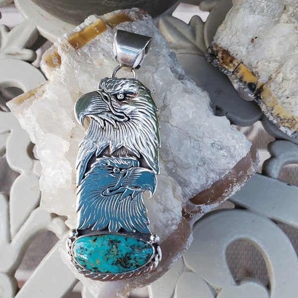 Double Eagle Pendant by Navajo Artist Freddy Charley | Sterling Silver with Stunning Turquoise | 2 3./4"x1 1/8" | Over 25g"