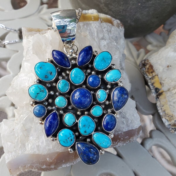 Sterling Silver Lapis & Turquoise Pendant | Captivating Cluster Design by Navajo Artist EMMA LINCOLN | 3"x1 3/4" | 36g"