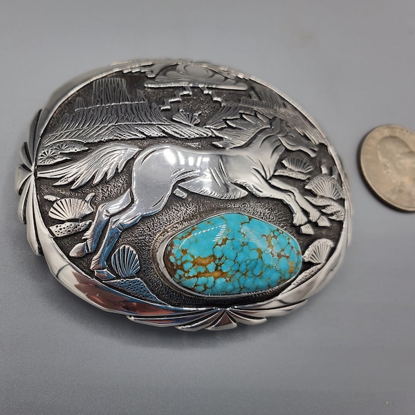 Sterling Silver Horse and Number Eight Turquoise Buckle by Navajo Freddy Charley