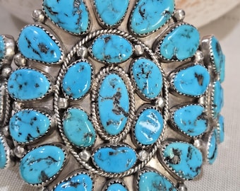 Vintage sterling Silver Turquoise Cluster Bracelet by Navajo artist ROANHORSE