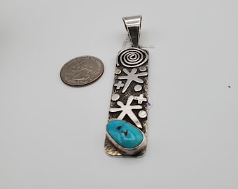 Kingman Blue Turquoise, Petroglyph design, Pendant, handcrafted by Artist Alex Sanchez