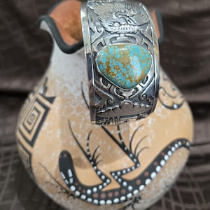 HEAVY sterling silver Cuff Bracelet with Number Eight Turquoise Cabochon by Navajo Artist FREDDY CHARLEY