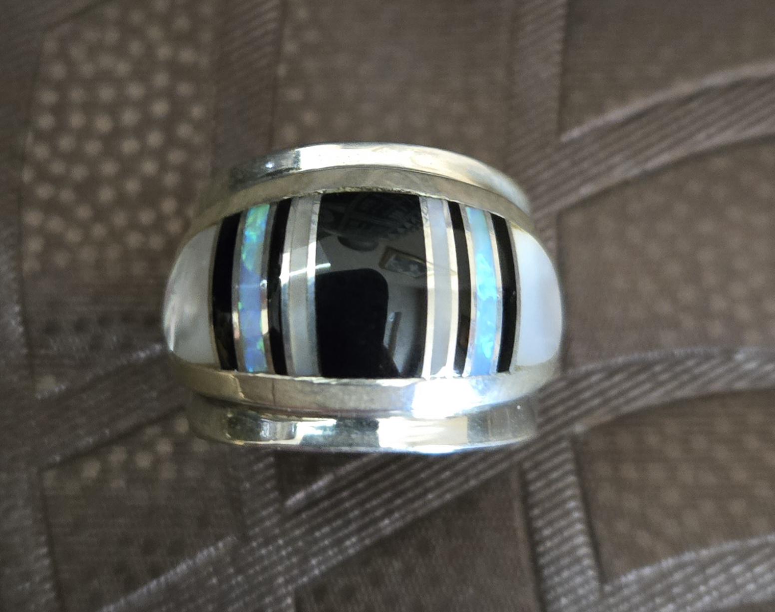 Sterling Silver Multi Inlay Stones Wide Band Ring by Navajo Kenneth ...