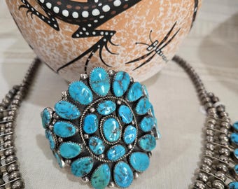 Vintage Sterling Silver and Turquoise Cluster Cuff Bracelet by Navajo Henry " ROANHORSE  "