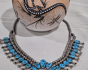 Vintage sterling Silver and Turquoise Squash Blossom Necklace by Navajo Artist Henry "ROANHORSE "