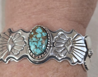 Sterling silver  and# 8 Turquoise Cuff Bracelet by GIFTED Navajo Artist Marita Benally
