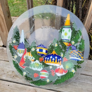 Vintage Peggy Karr Fused Glass Winter Holiday Large Platter