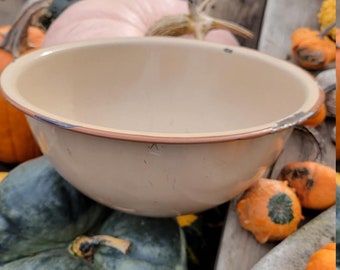 Vintage Tan Enamel Large Bowl 12” Diameter