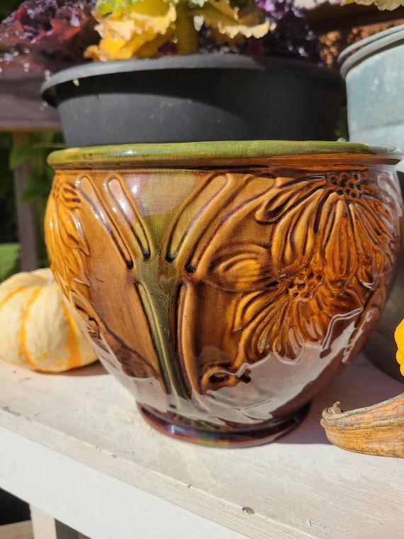 Vintage Mccoy Weller Majolica Jardinière Planter Sunflower Brown